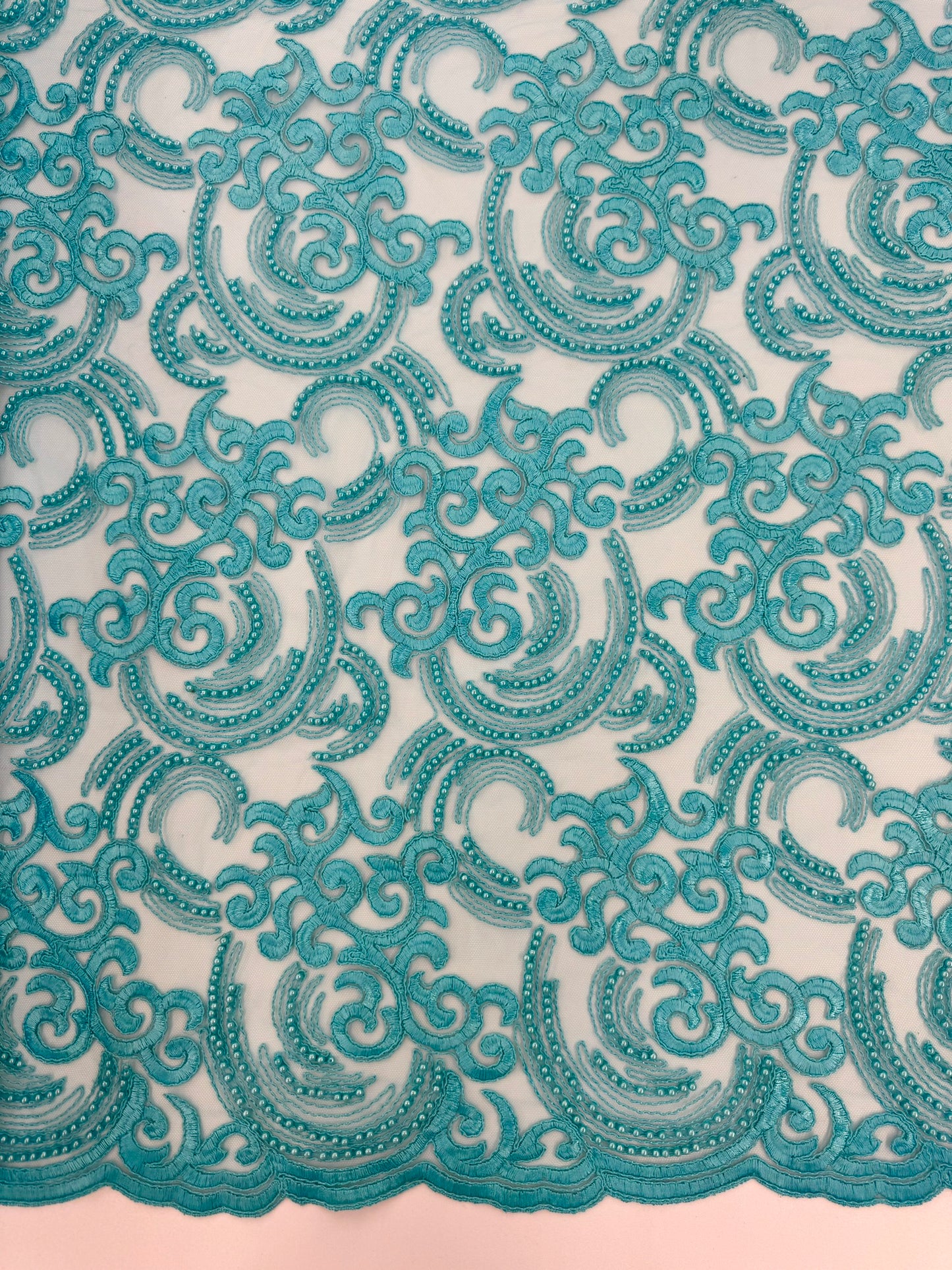 ML104 AQUA Embroidered, Corded and Beaded Lace