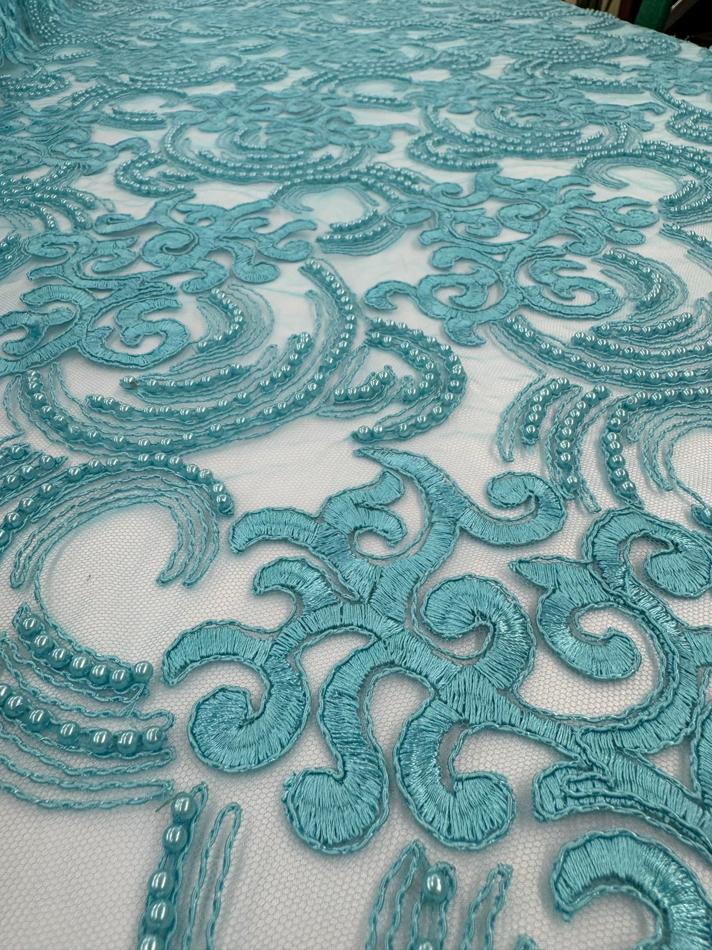 ML104 AQUA Embroidered, Corded and Beaded Lace