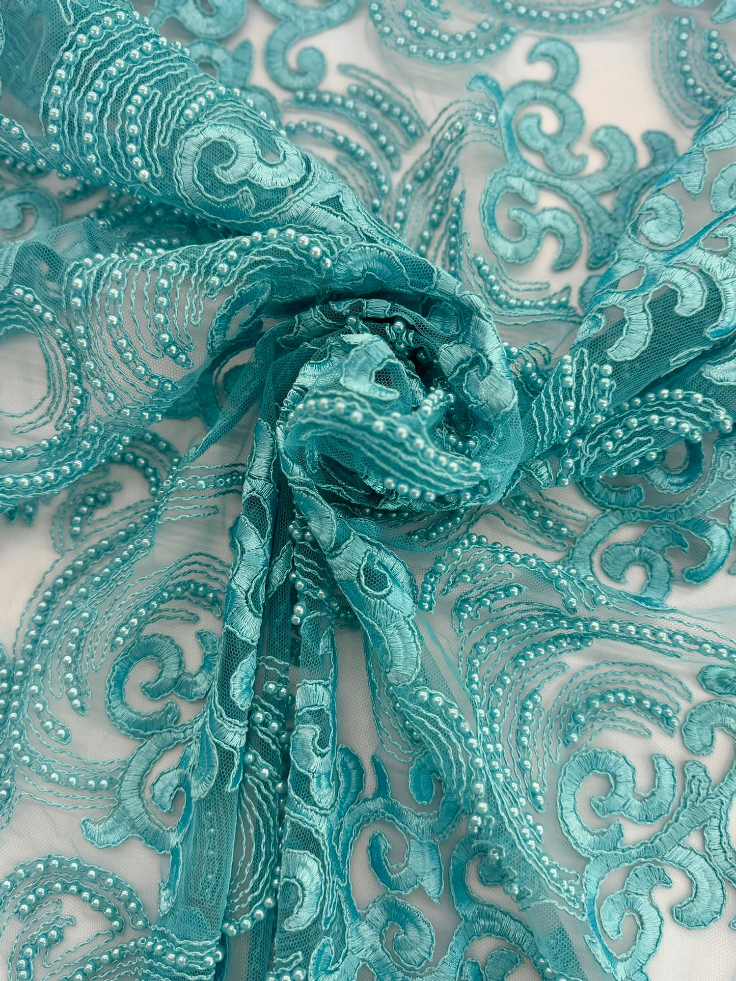 ML104 AQUA Embroidered, Corded and Beaded Lace