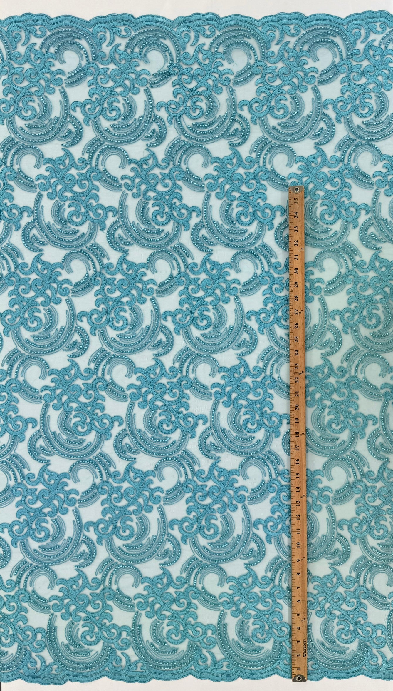 ML104 AQUA Embroidered, Corded and Beaded Lace