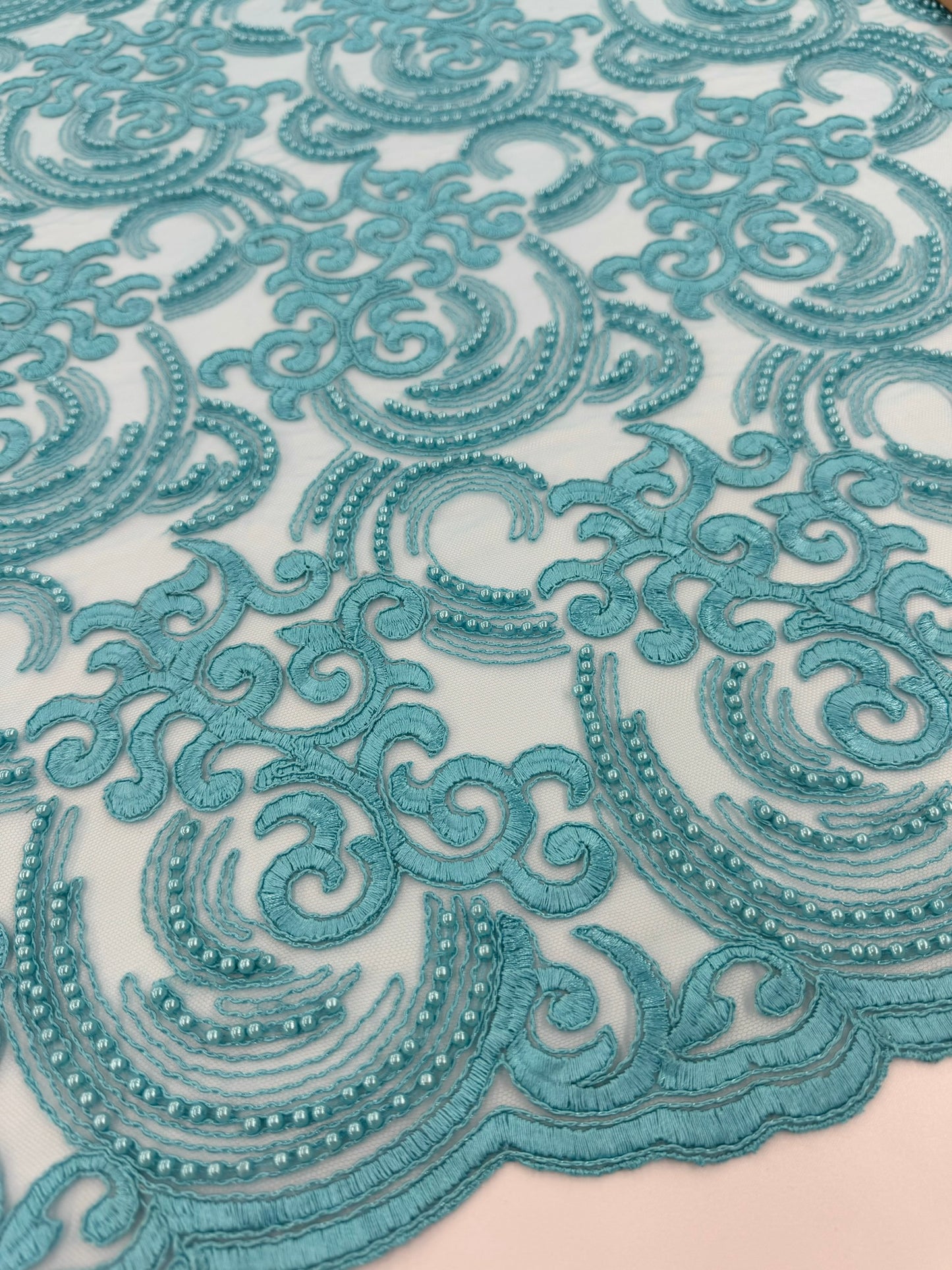 ML104 AQUA Embroidered, Corded and Beaded Lace