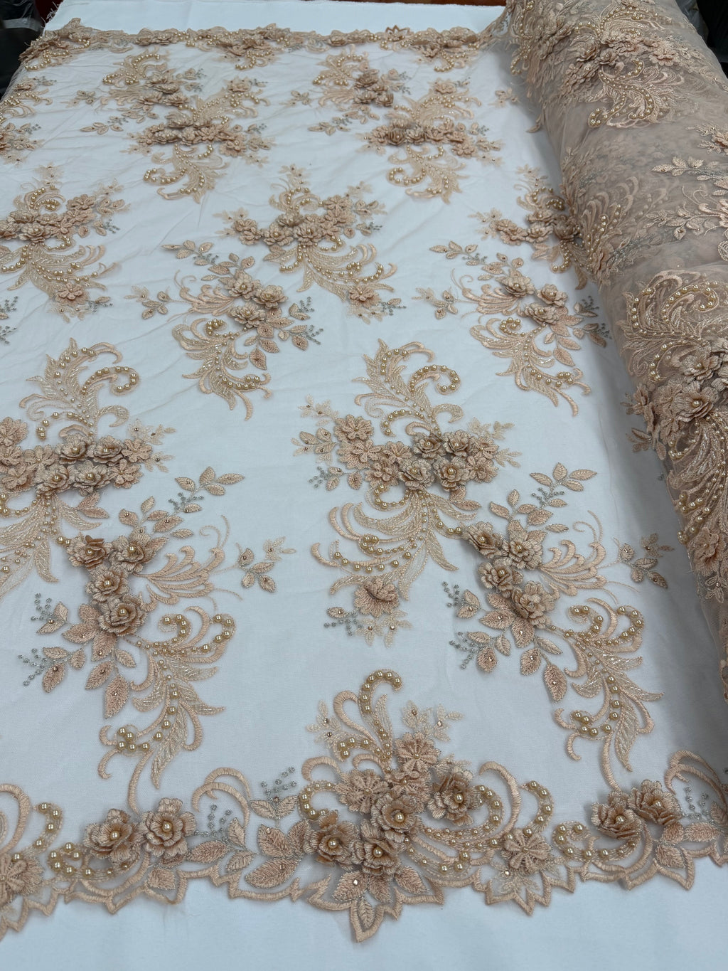 ML198 - 3D Lace Fabric by Yard – 52" Beaded Mesh for Wedding Gowns, Tablecloth, Party Decor