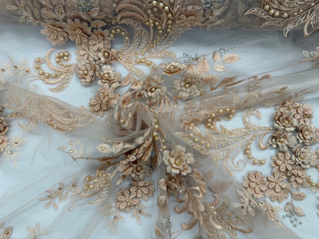 ML198 - 3D Lace Fabric by Yard – 52" Beaded Mesh for Wedding Gowns, Tablecloth, Party Decor