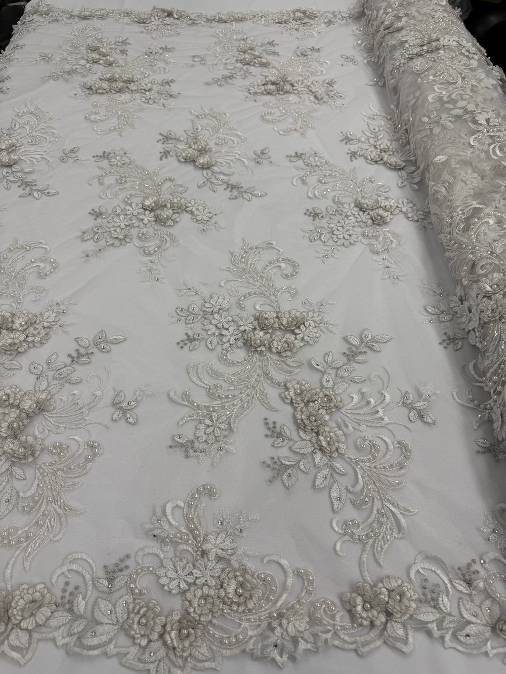 ML198 - 3D Lace Fabric by Yard – 52" Beaded Mesh for Wedding Gowns, Tablecloth, Party Decor