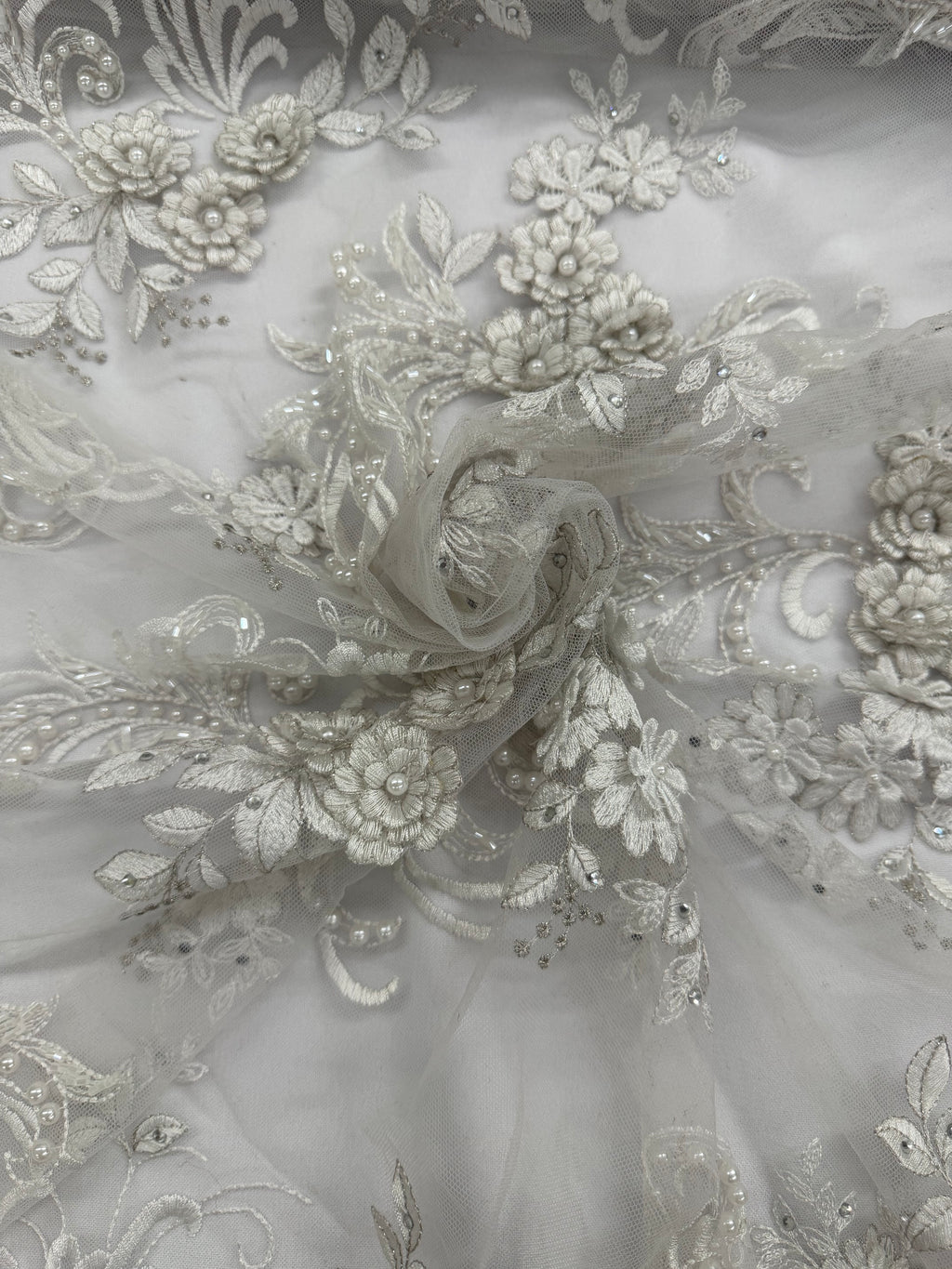 ML198 - 3D Lace Fabric by Yard – 52" Beaded Mesh for Wedding Gowns, Tablecloth, Party Decor