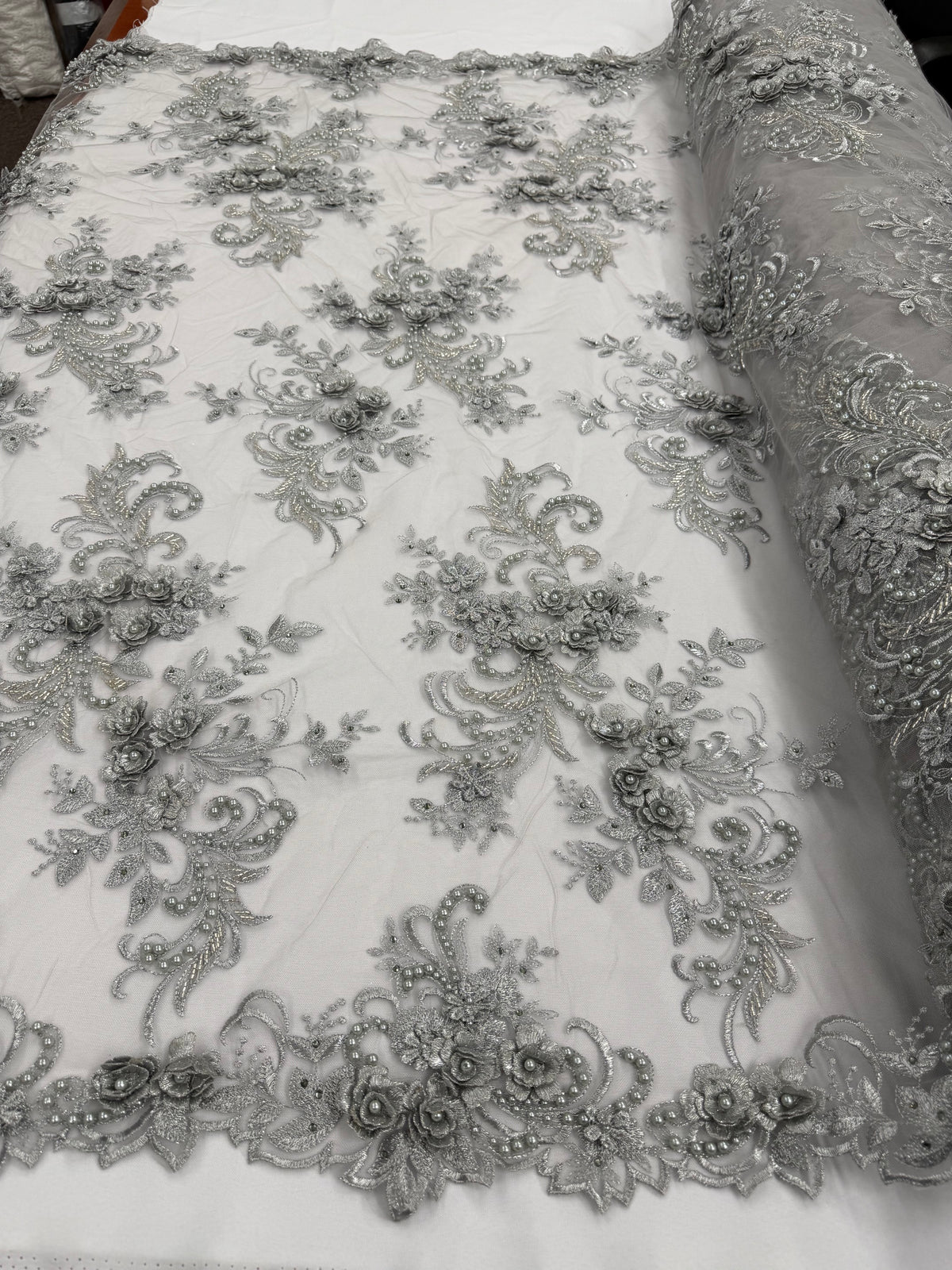 ML198 - 3D Lace Fabric by Yard – 52" Beaded Mesh for Wedding Gowns, Tablecloth, Party Decor