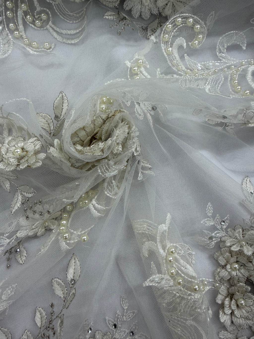 ML198 - 3D Lace Fabric by Yard – 52" Beaded Mesh for Wedding Gowns, Tablecloth, Party Decor