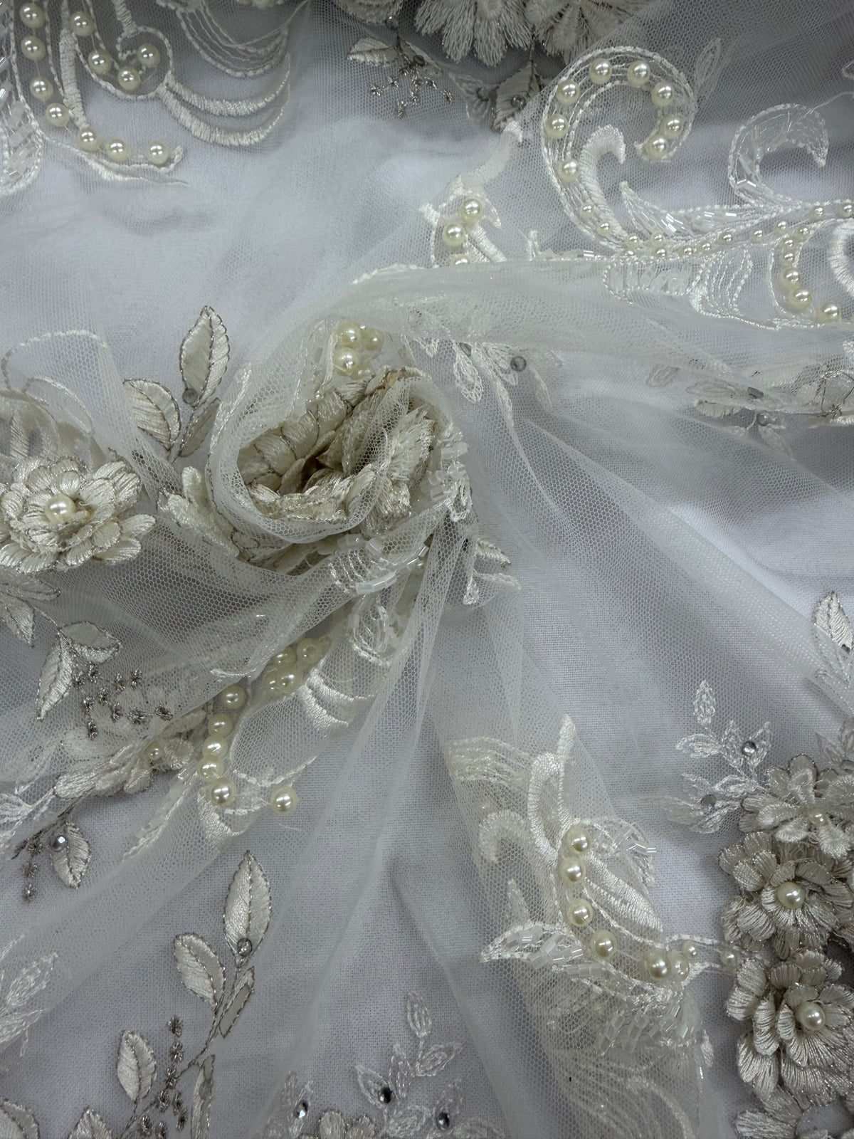 ML198 - 3D Lace Fabric by Yard – 52" Beaded Mesh for Wedding Gowns, Tablecloth, Party Decor