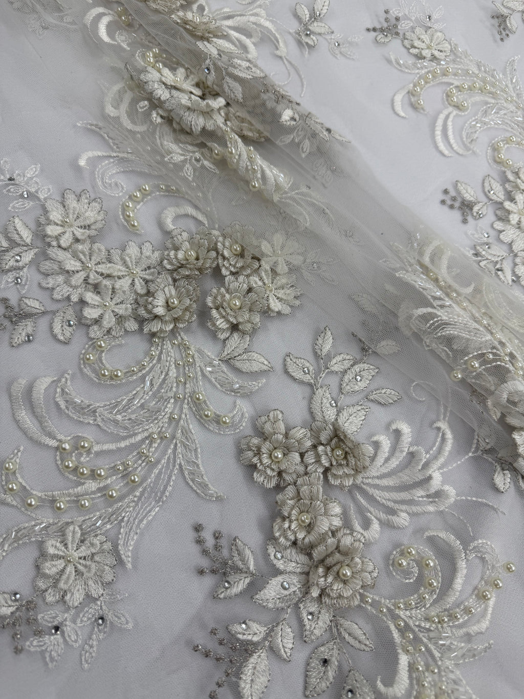 ML198 - 3D Lace Fabric by Yard – 52" Beaded Mesh for Wedding Gowns, Tablecloth, Party Decor
