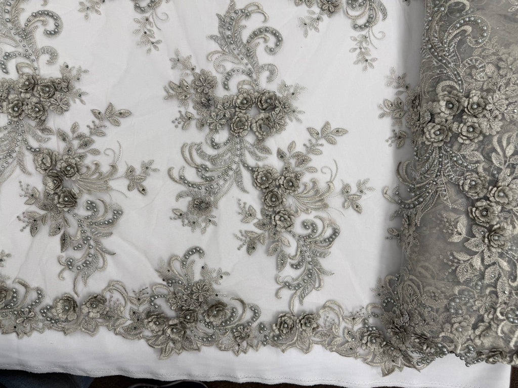 ML198 - 3D Lace Fabric by Yard – 52" Beaded Mesh for Wedding Gowns, Tablecloth, Party Decor