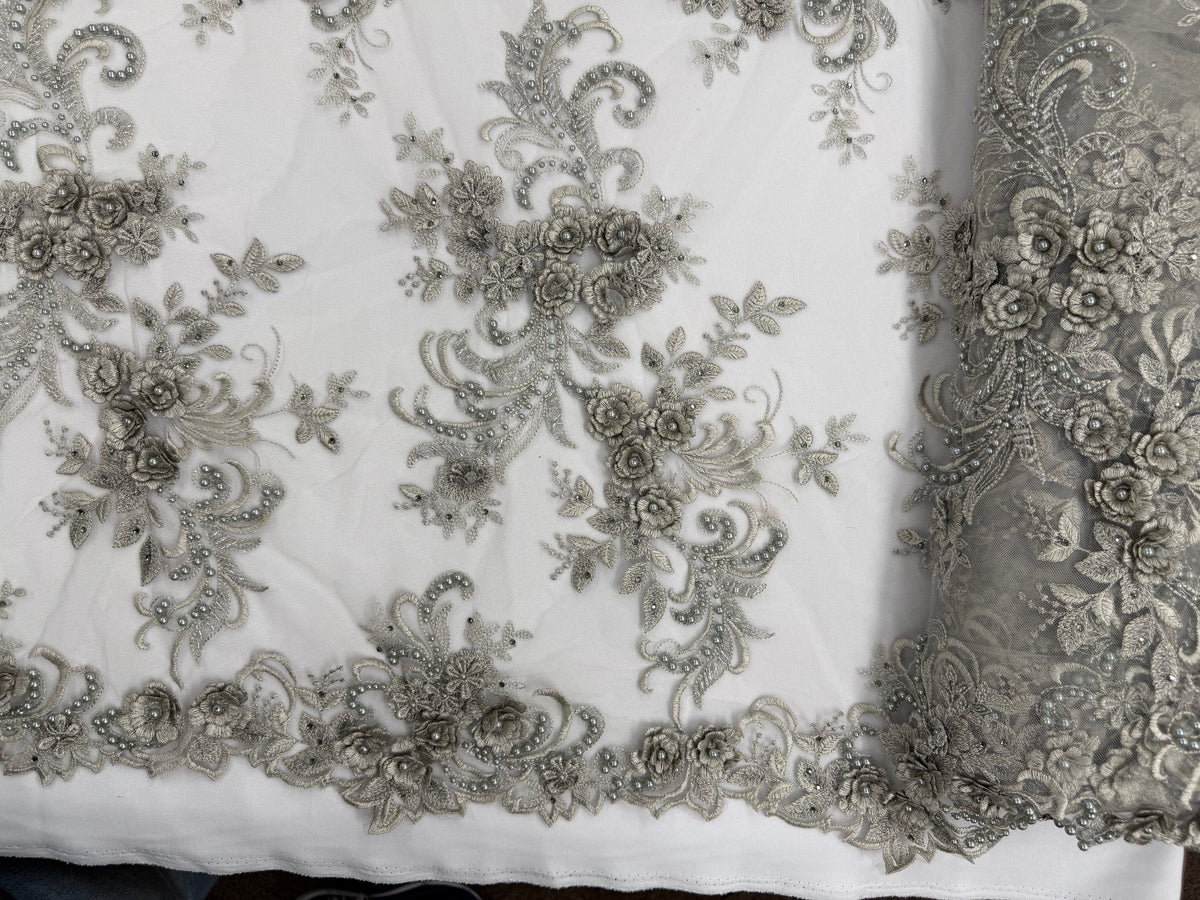 ML198 - 3D Lace Fabric by Yard – 52" Beaded Mesh for Wedding Gowns, Tablecloth, Party Decor