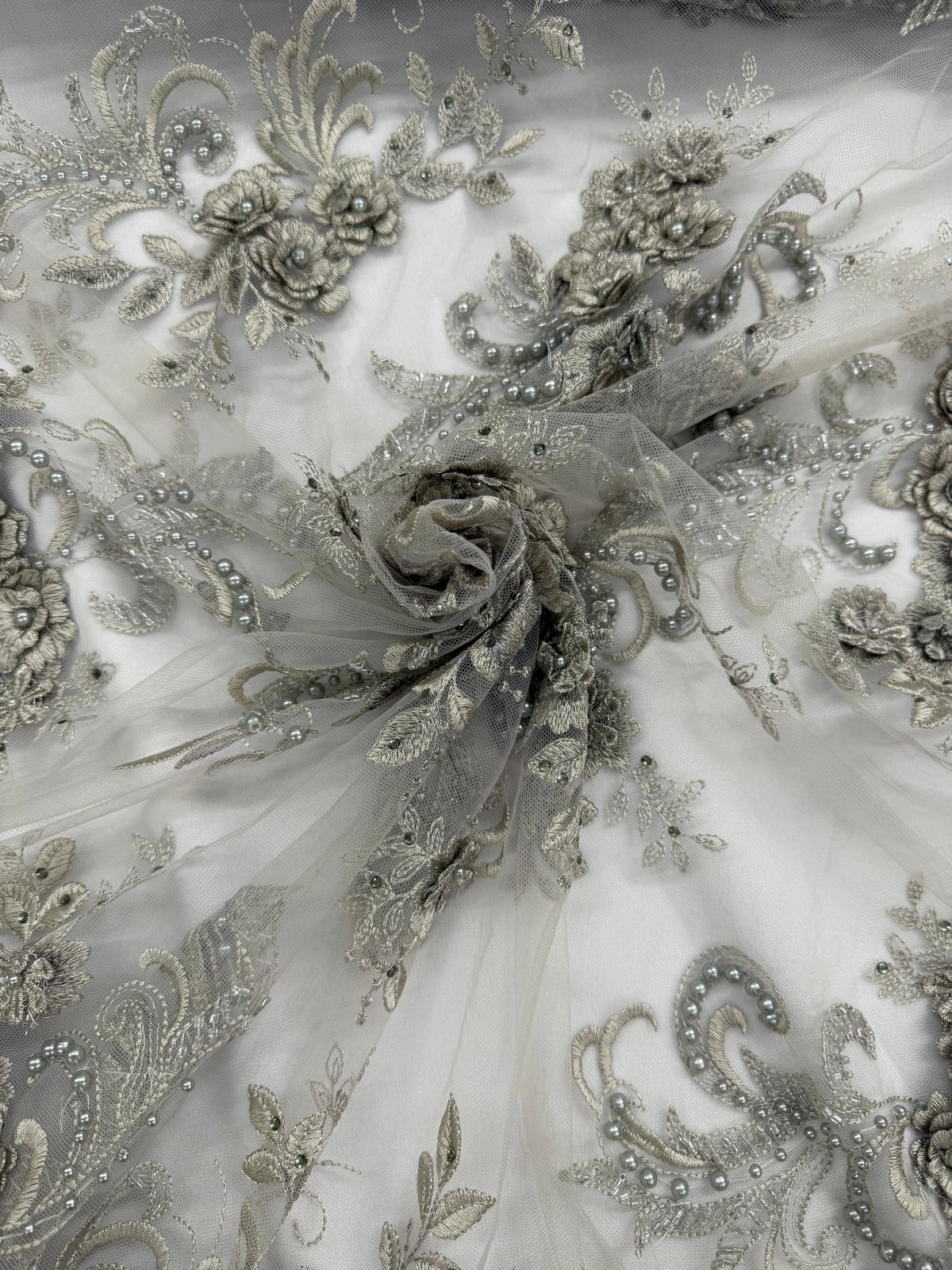 ML198 - 3D Lace Fabric by Yard – 52" Beaded Mesh for Wedding Gowns, Tablecloth, Party Decor