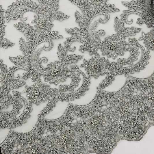 ML103 GREY Floral Embroidery, Corded and Beaded Lace