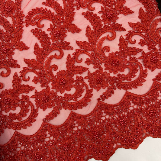 ML103 RED Floral Embroidery, Corded and Beaded Lace