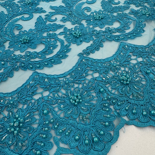 ML103 TURQUOISE Floral Embroidery, Corded and Beaded Lace