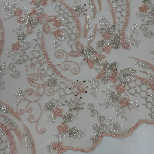 ML124 BLUSH PEACH Floral Embroidery and Beaded Lace