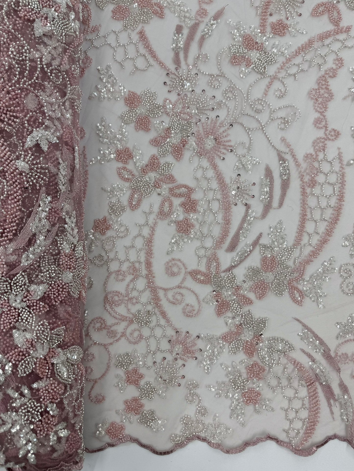 ML124 ROSE PINK Embroidery and Beaded Lace