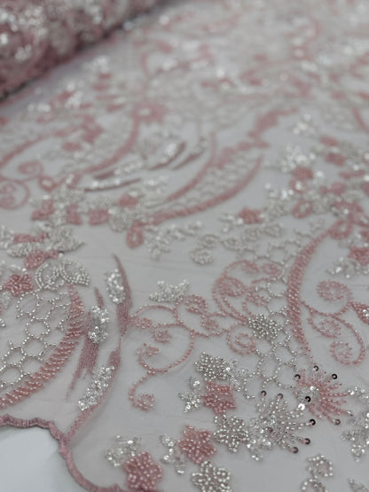 ML124 ROSE PINK Embroidery and Beaded Lace