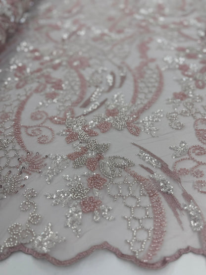 ML124 ROSE PINK Embroidery and Beaded Lace