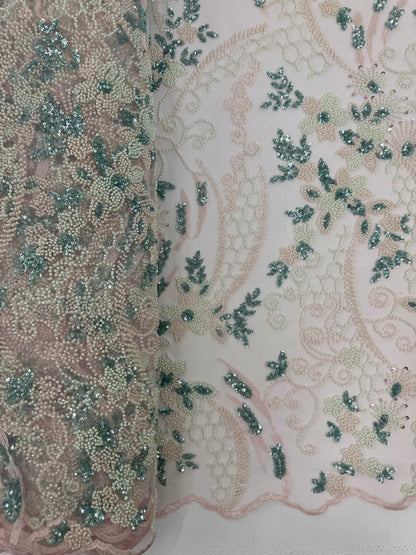 ML124 PINK/MINT Embroidery and Beaded Lace