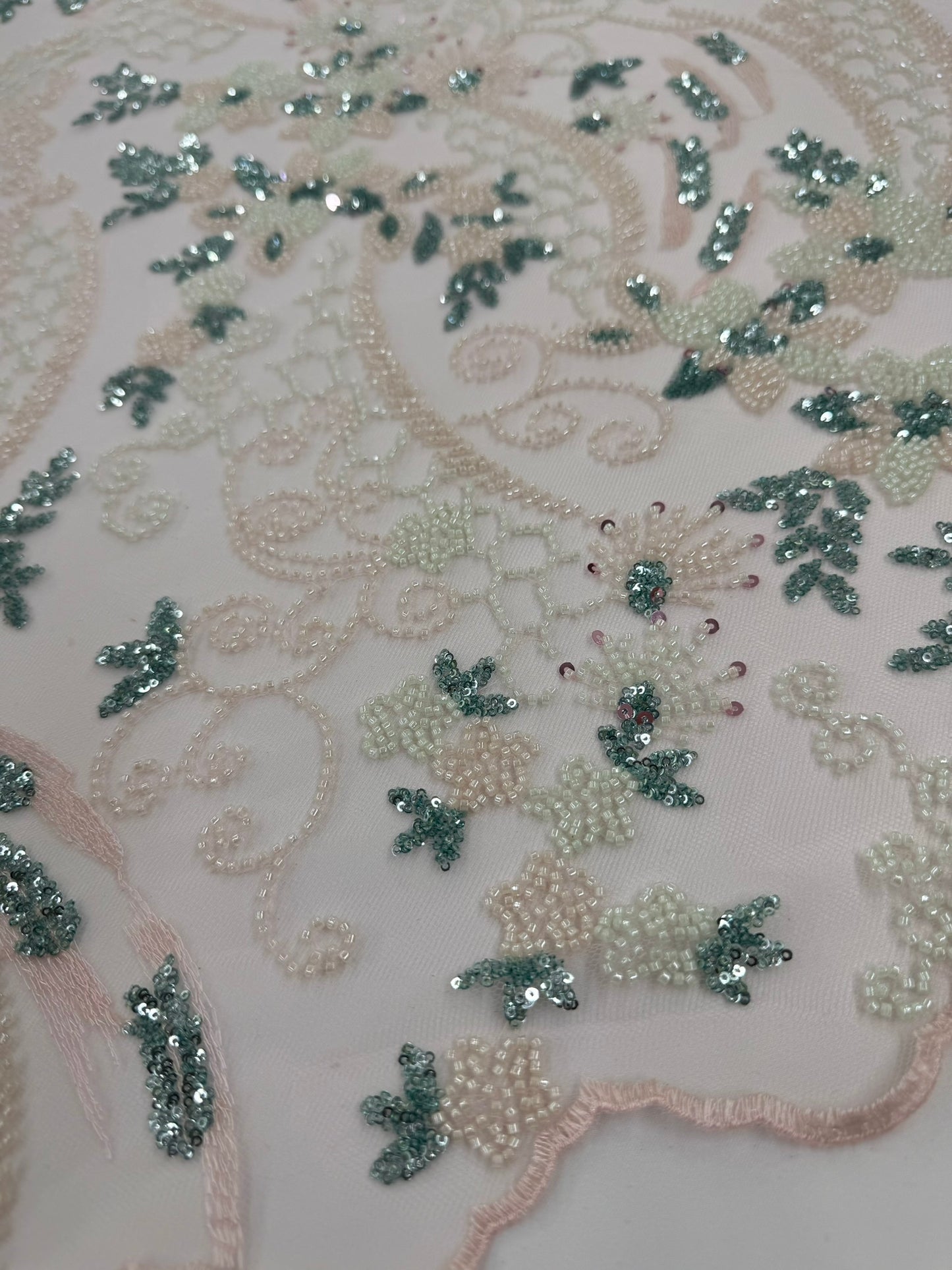 ML124 PINK/MINT Embroidery and Beaded Lace