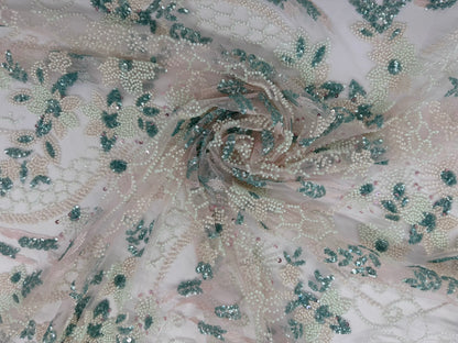 ML124 PINK/MINT Embroidery and Beaded Lace