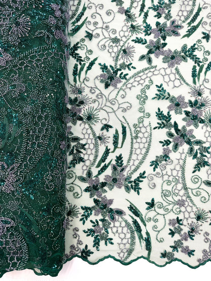 ML124 GREEN Floral Embroidery and Beaded Lace