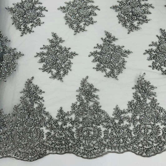 ML122 GREY Floral Embroidery and Beaded Lace