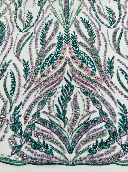 ML125 GREEN/PURPLE Embroidery and Beaded Lace