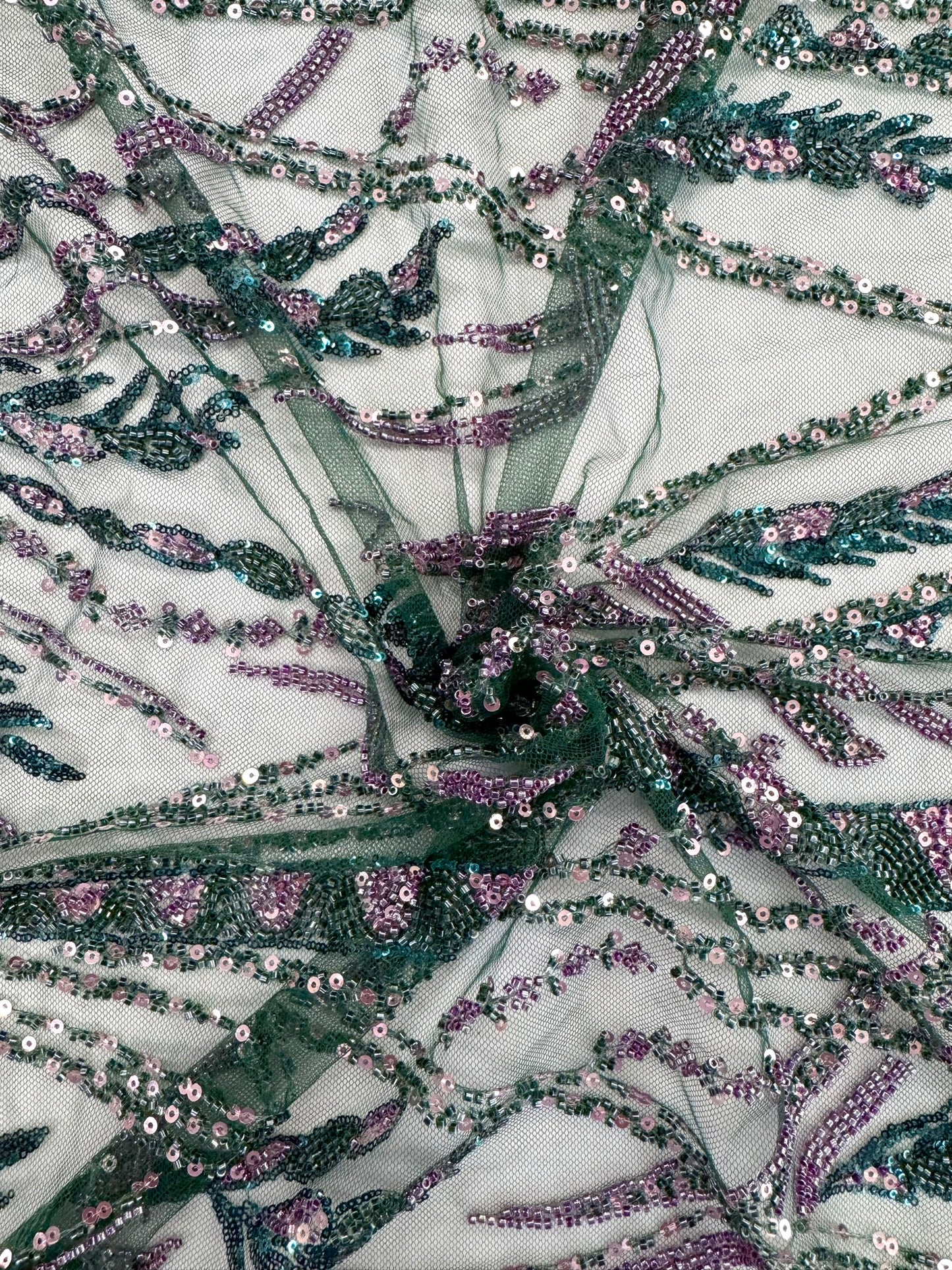 ML125 GREEN/PURPLE Embroidery and Beaded Lace