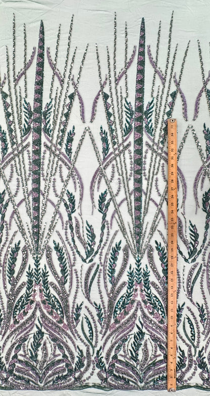 ML125 GREEN/PURPLE Embroidery and Beaded Lace