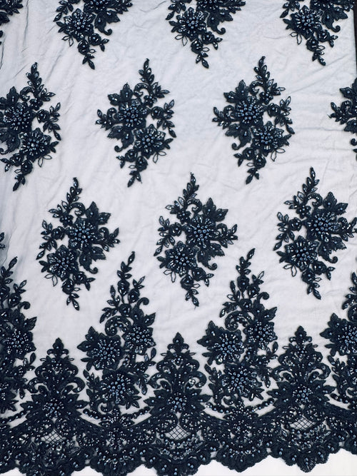 ML105 NAVY Floral Embroidery and Beaded Lace