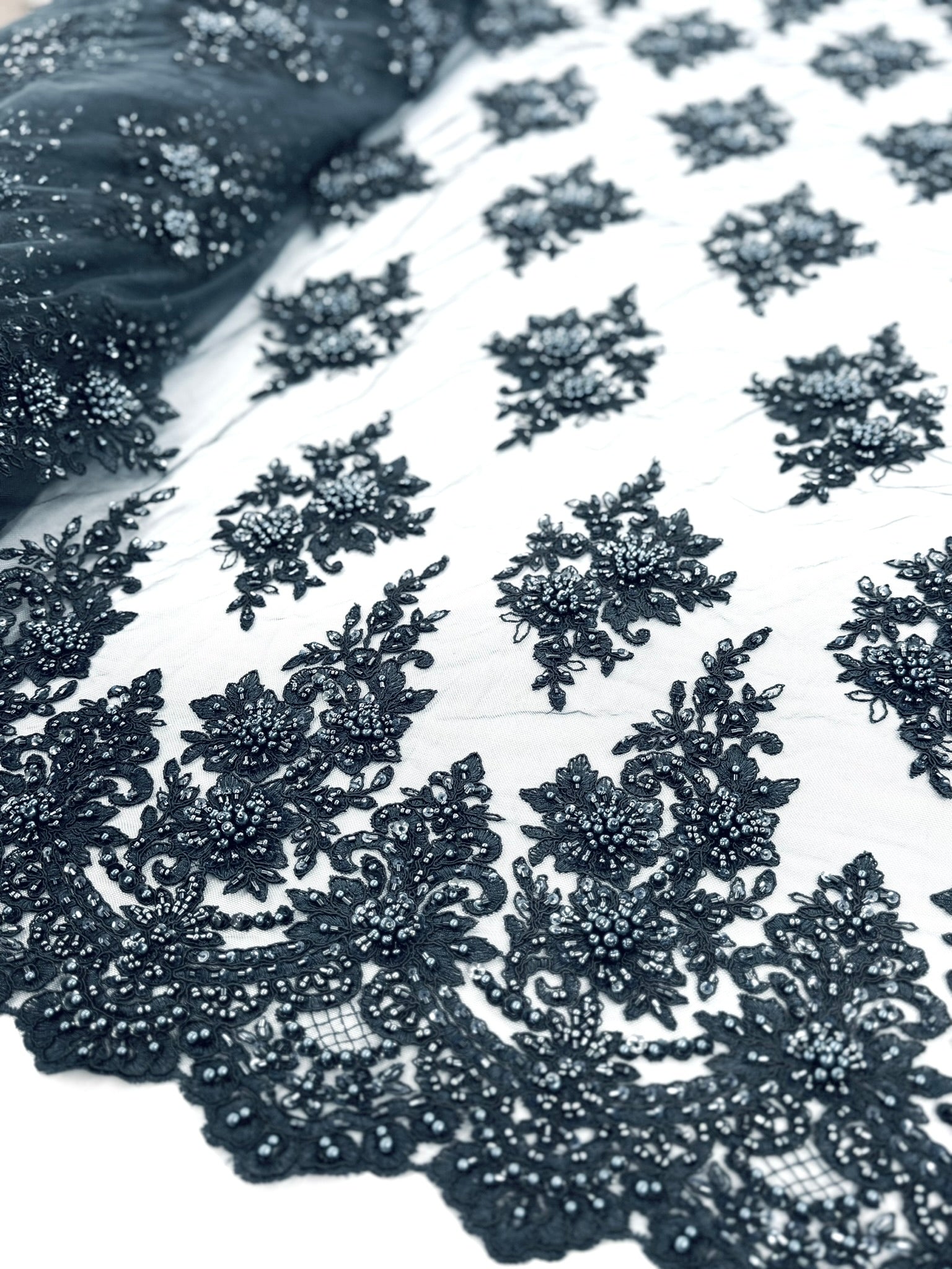 ML105 NAVY Floral Embroidery and Beaded Lace