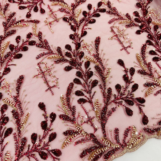 ML106 BURGUNDY  Embroidery and Beaded Lace