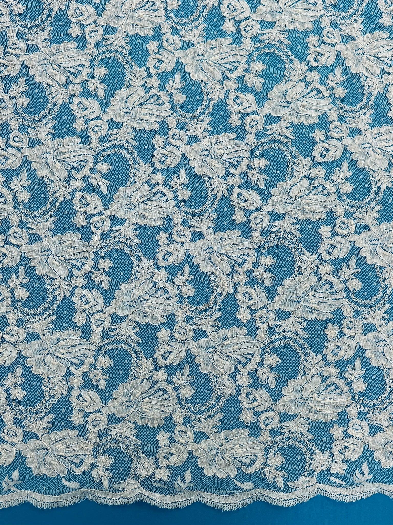 ML134 WHITE Beaded and Corded Alencon Lace