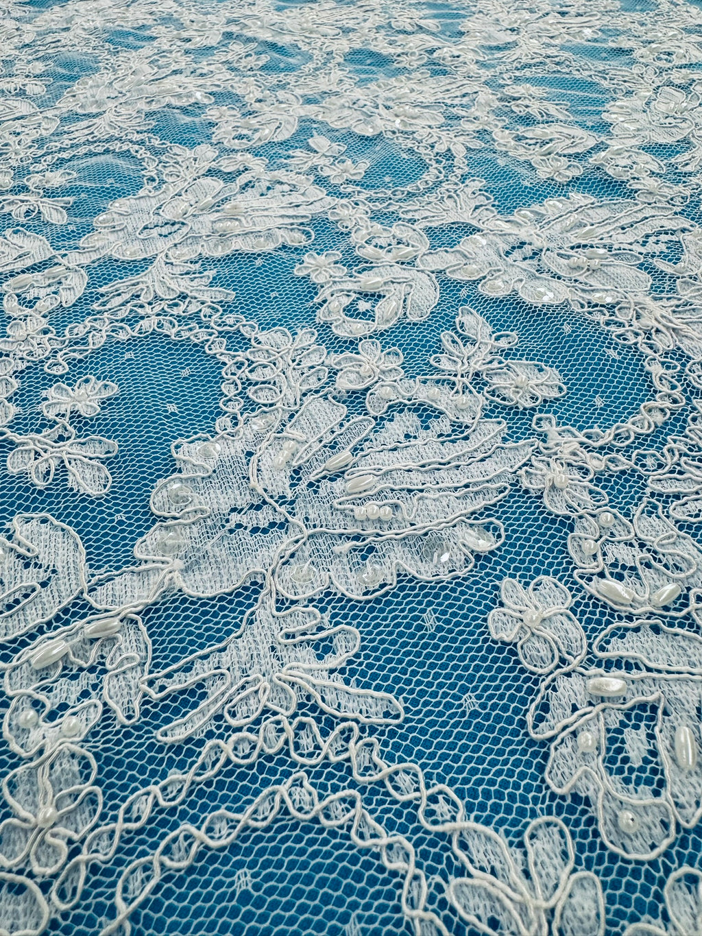 ML134 WHITE Beaded and Corded Alencon Lace
