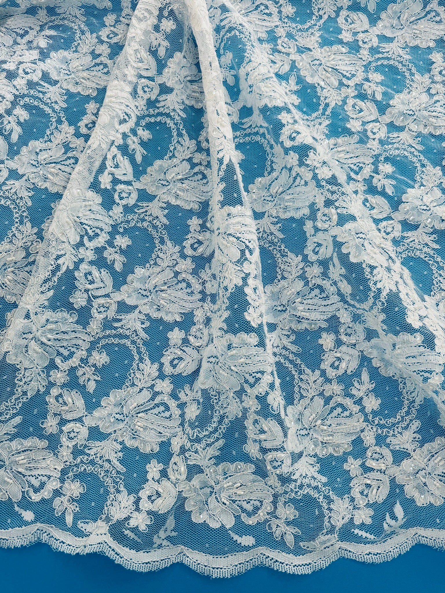 ML134 WHITE Beaded and Corded Alencon Lace