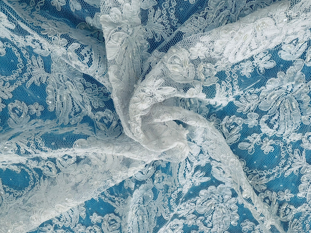 ML134 WHITE Beaded and Corded Alencon Lace