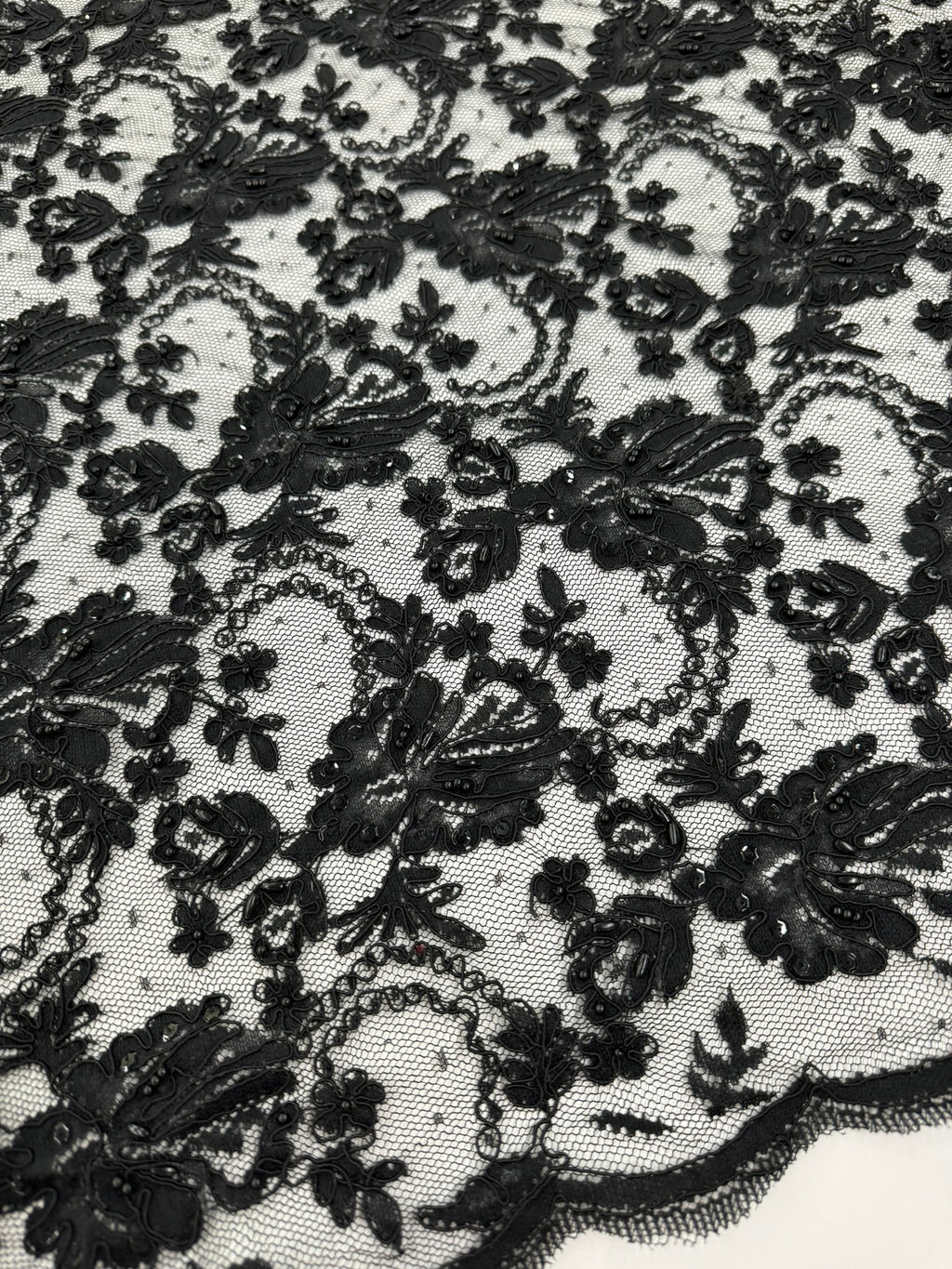 ML134 BLACK Beaded and Corded Alencon Lace