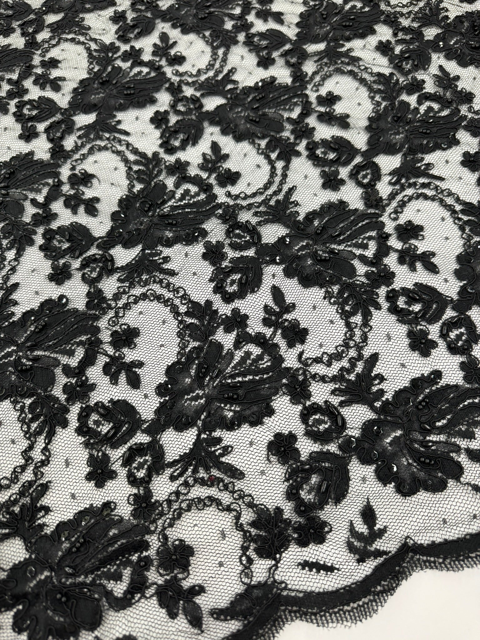 ML134 BLACK Beaded and Corded Alencon Lace