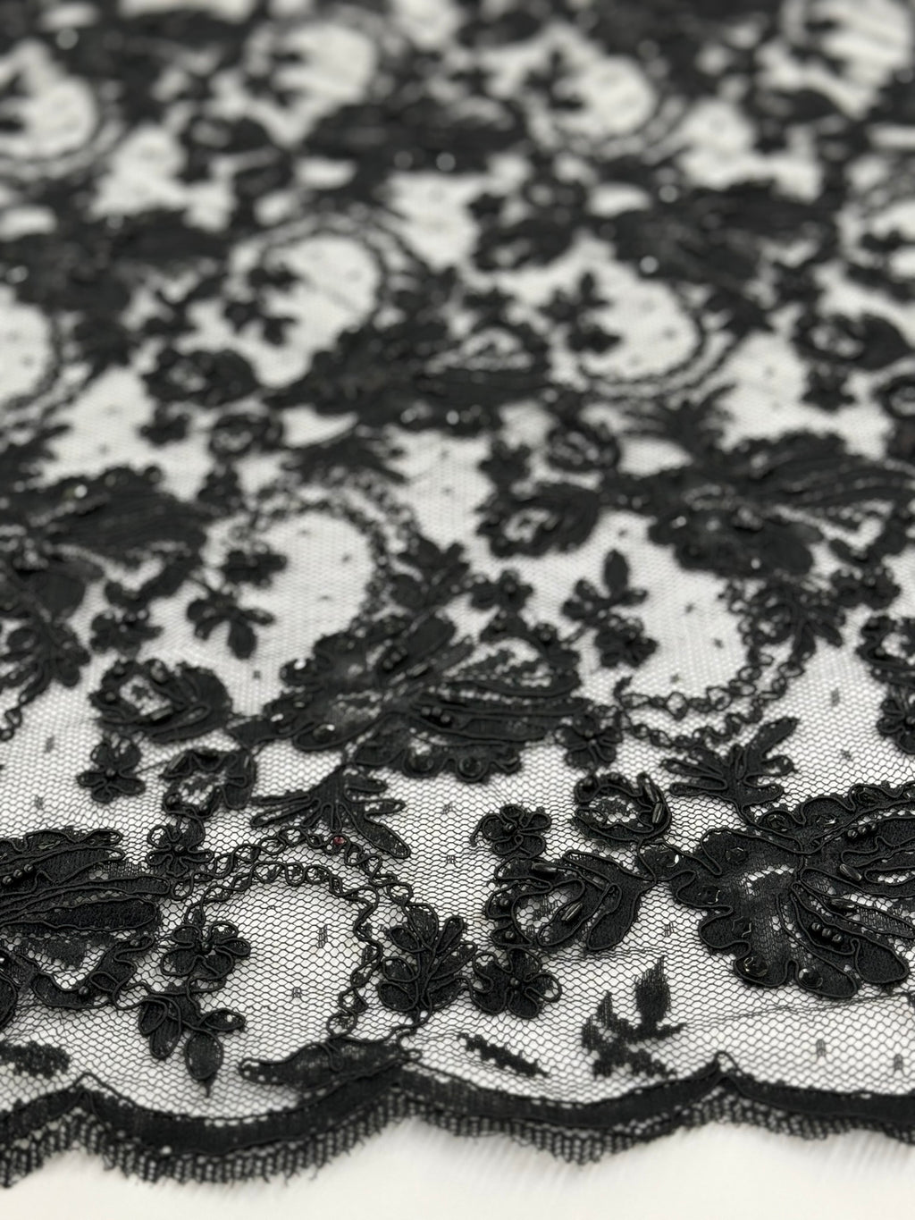 ML134 BLACK Beaded and Corded Alencon Lace