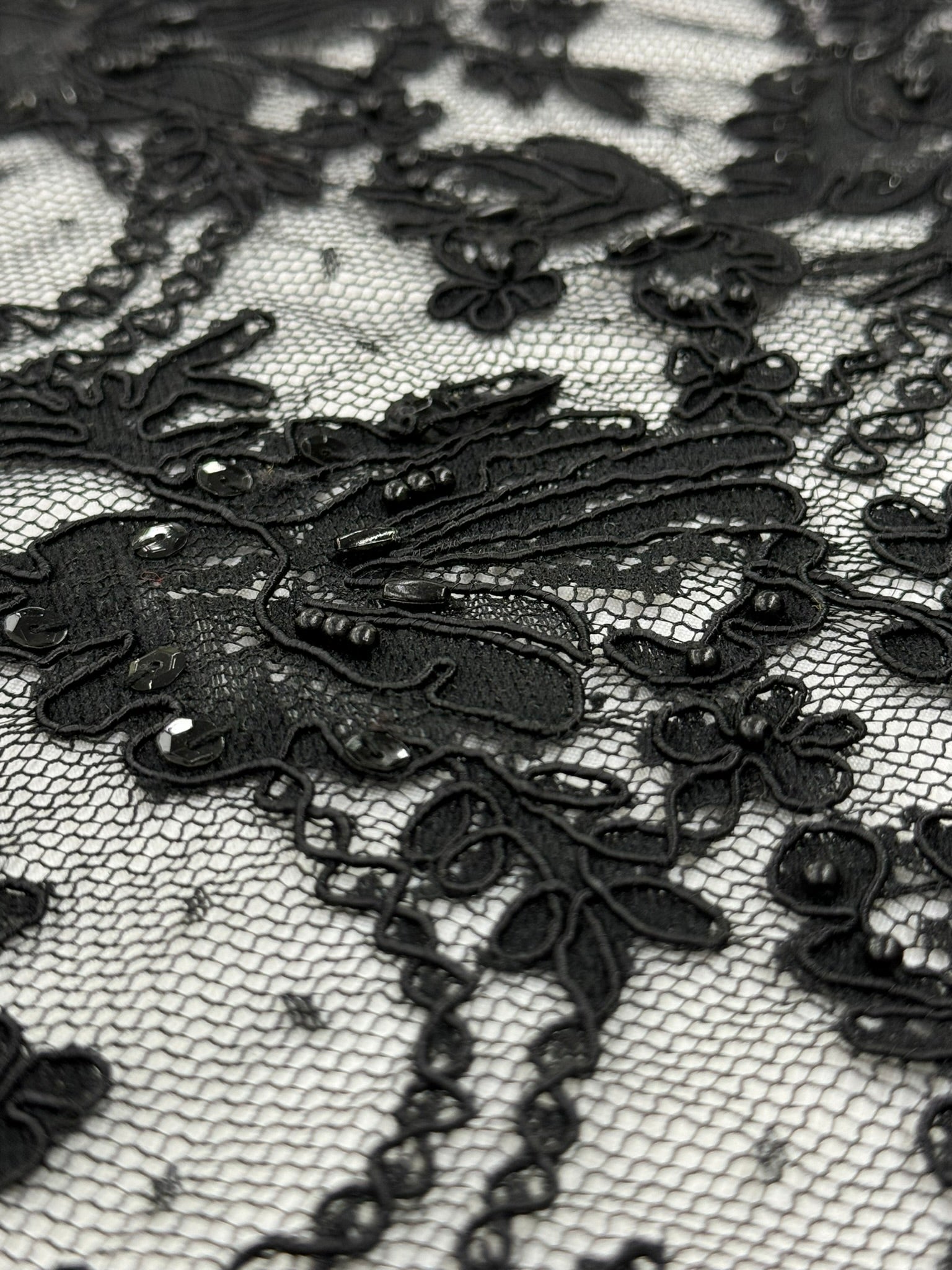 ML134 BLACK Beaded and Corded Alencon Lace