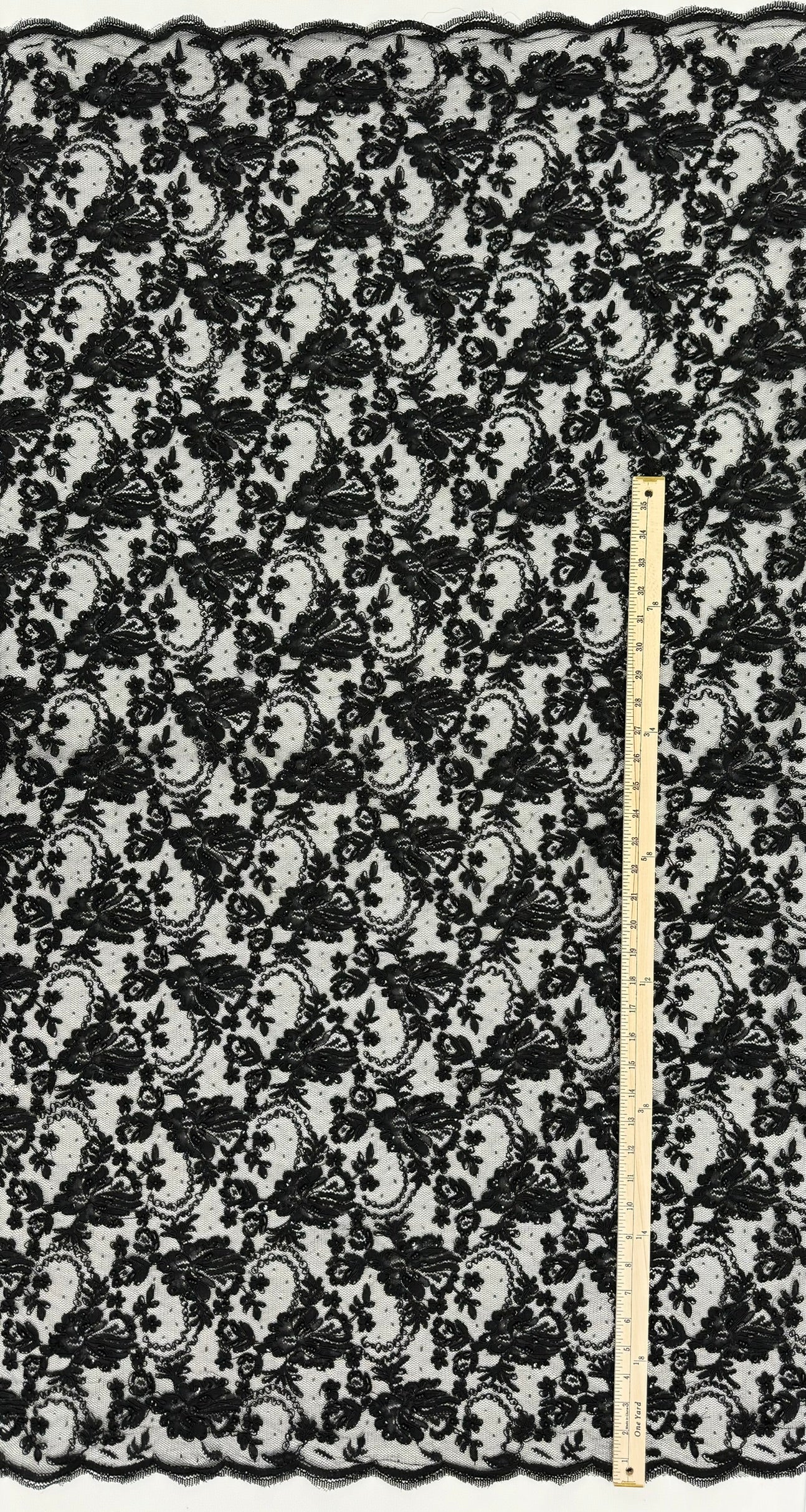 ML134 BLACK Beaded and Corded Alencon Lace