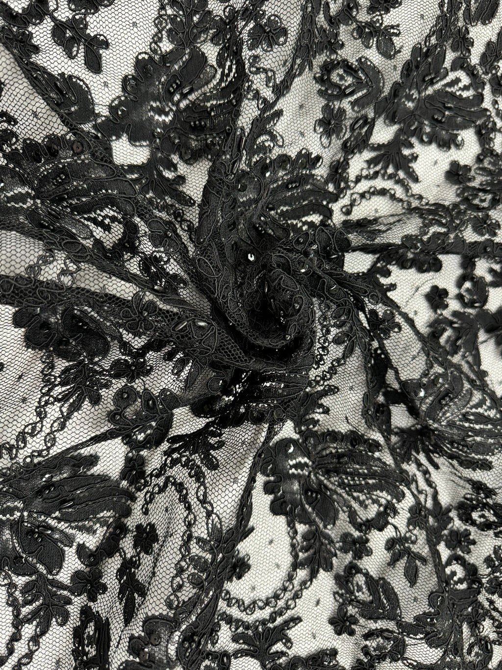 ML134 BLACK Beaded and Corded Alencon Lace