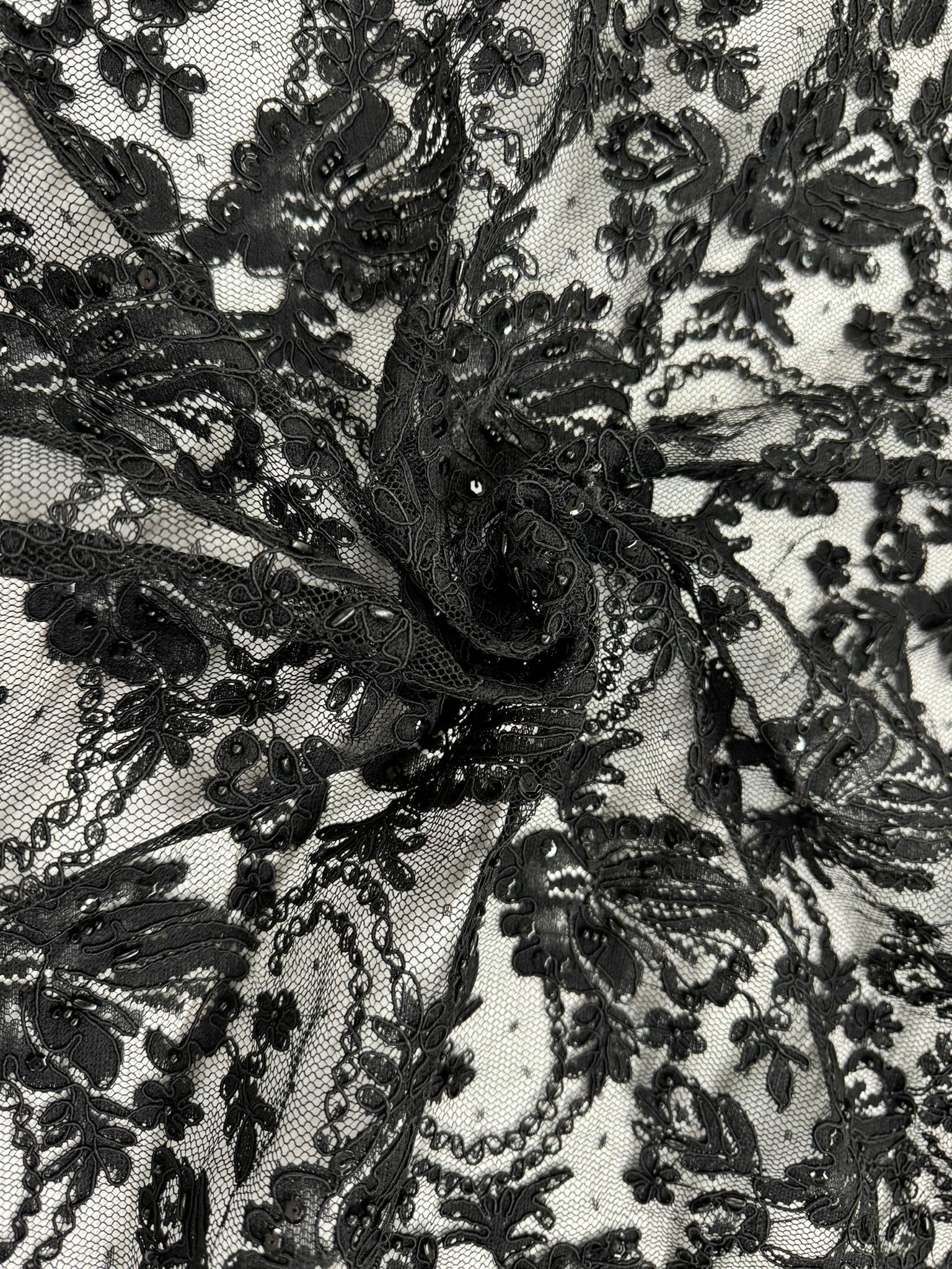 ML134 BLACK Beaded and Corded Alencon Lace