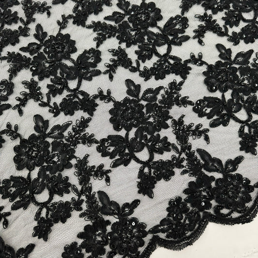 ML139 BLACK Beaded and Corded Alencon Lace