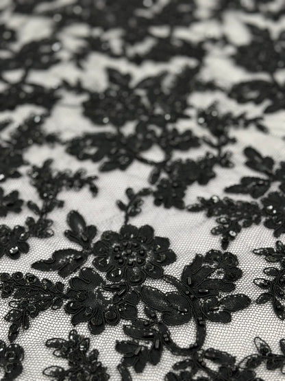 ML139 BLACK Beaded and Corded Alencon Lace