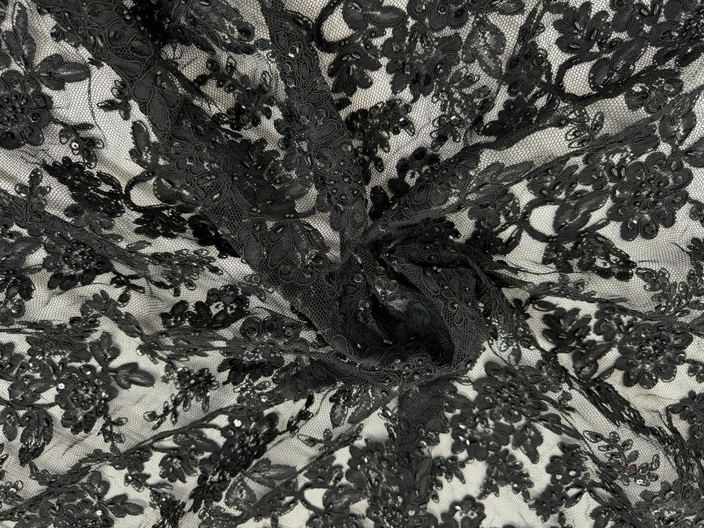 ML139 BLACK Beaded and Corded Alencon Lace
