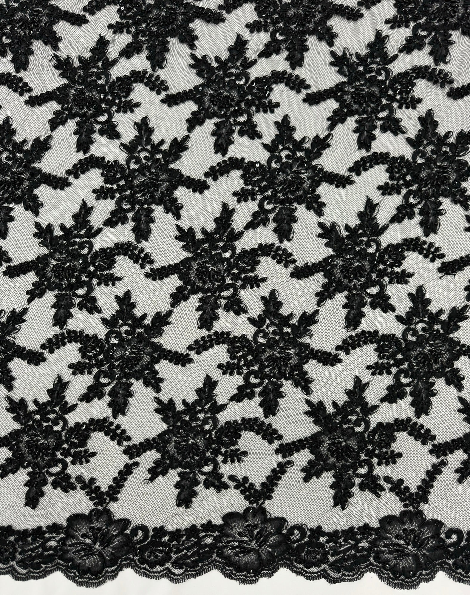 ML138 BLACK Beaded and Corded Alencon Lace
