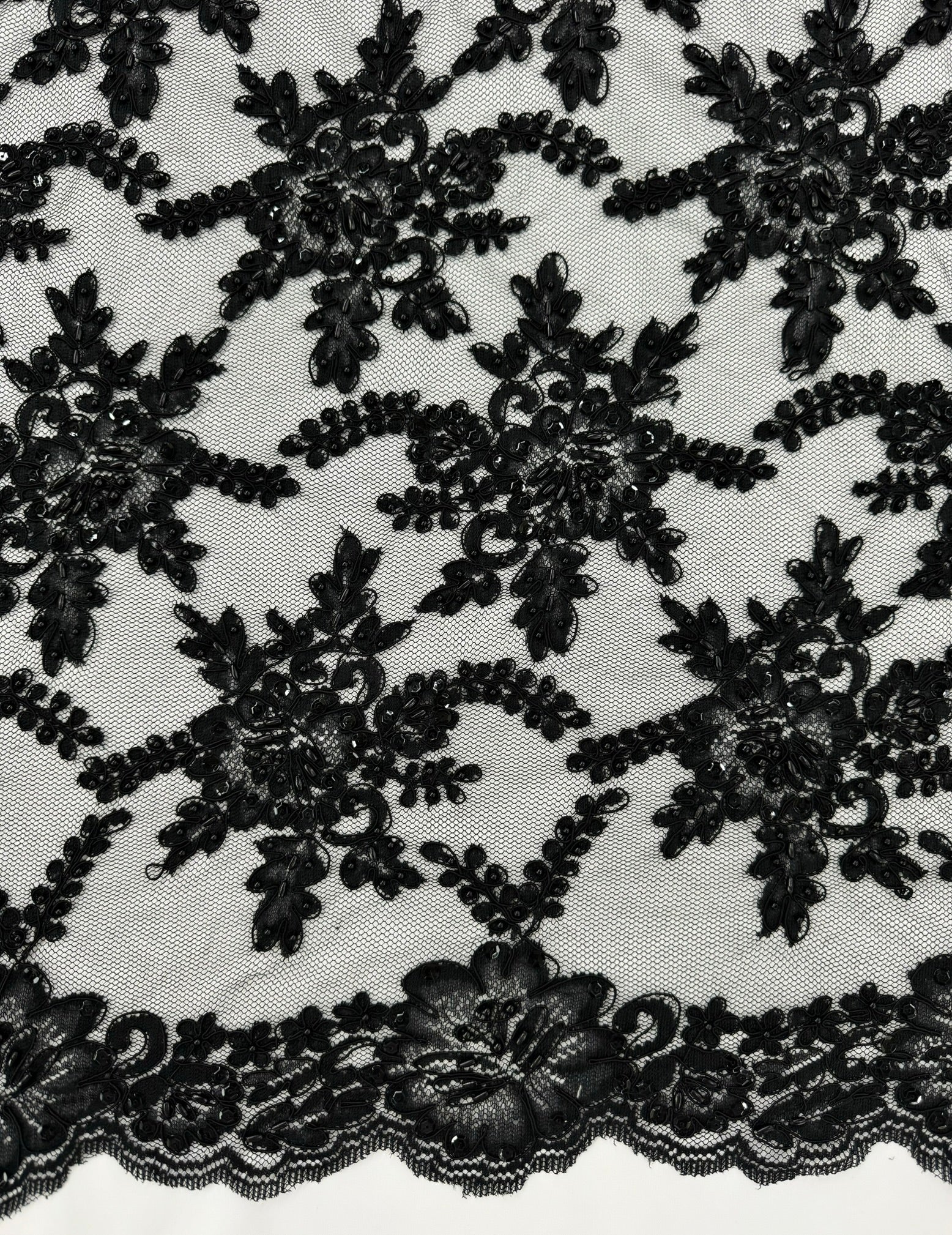 ML138 BLACK Beaded and Corded Alencon Lace